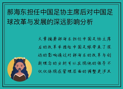 郝海东担任中国足协主席后对中国足球改革与发展的深远影响分析