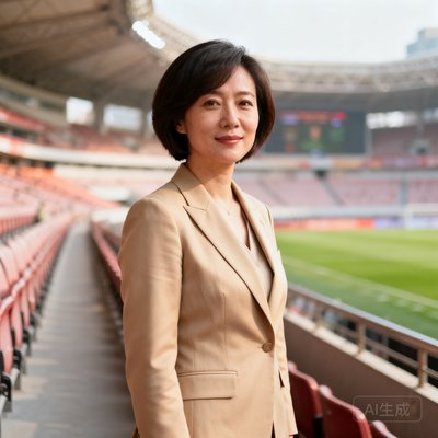 上海虹口足球场运营总监李雪婷女士半身照，留着短发身穿米色职业装，站在场馆观众席通道中。