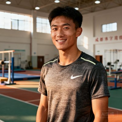 职业马拉松运动员刘浩然半身照，身穿运动T恤精神饱满，背景是成都康复中心的训练大厅。